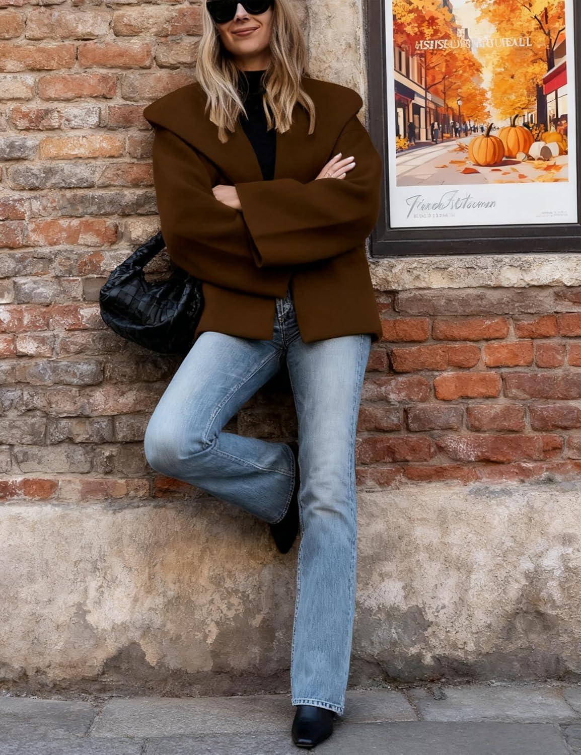 imageHooever Womens Shawl Collar Sweater Oversized Cardigan Open Front Fall Winter Cropped Knit SweaterBrown