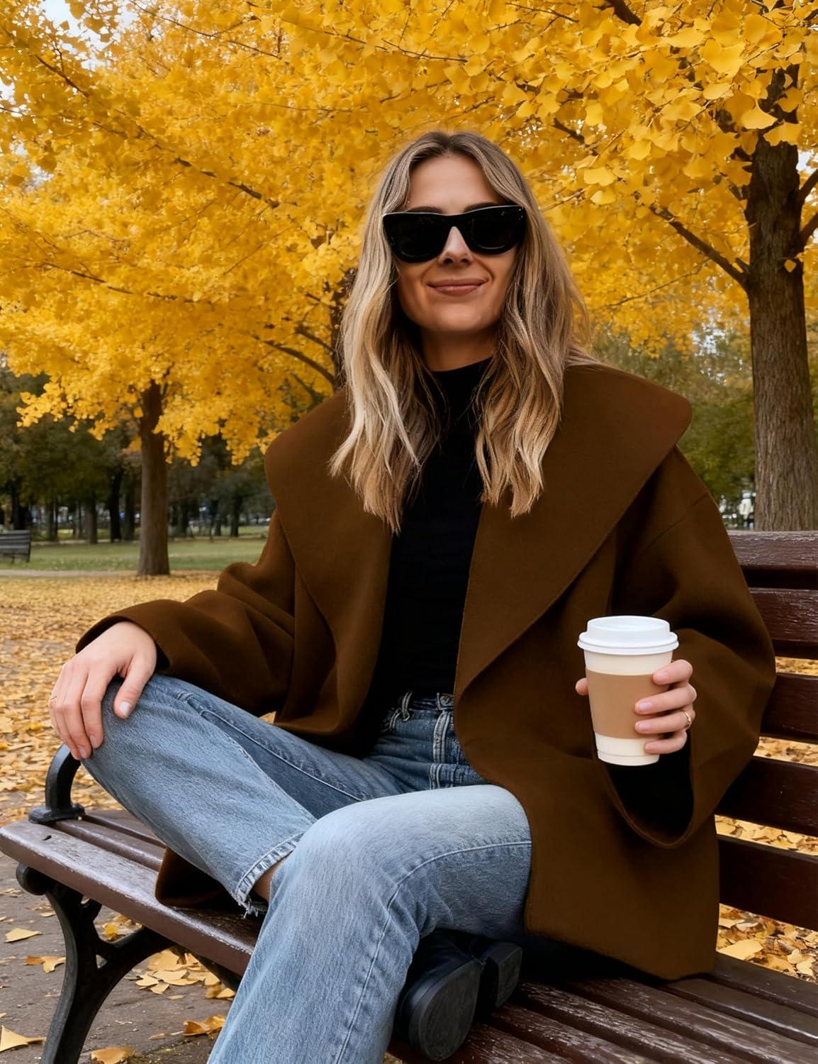imageHooever Womens Shawl Collar Sweater Oversized Cardigan Open Front Fall Winter Cropped Knit SweaterBrown