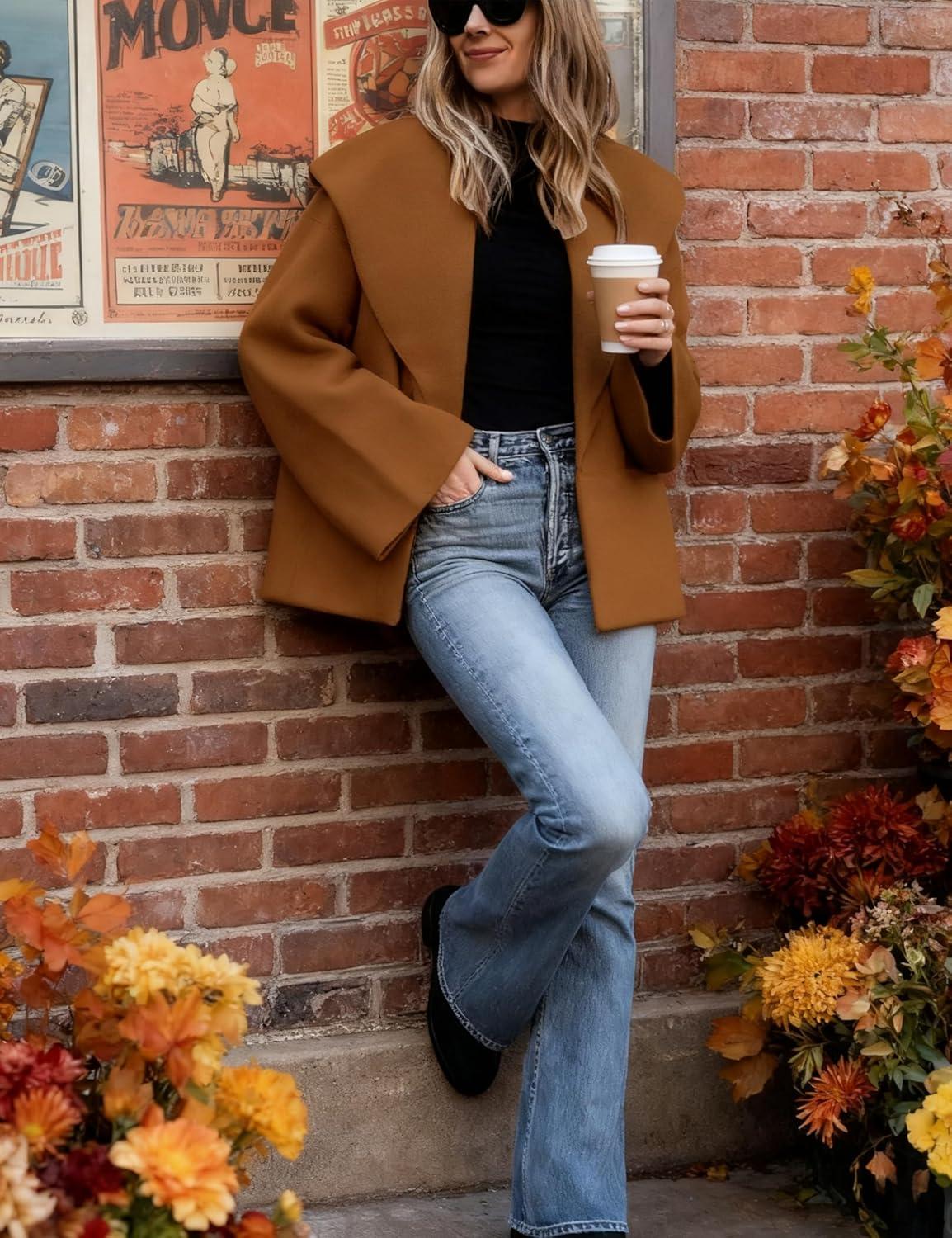 imageHooever Womens Shawl Collar Sweater Oversized Cardigan Open Front Fall Winter Cropped Knit SweaterCaramel