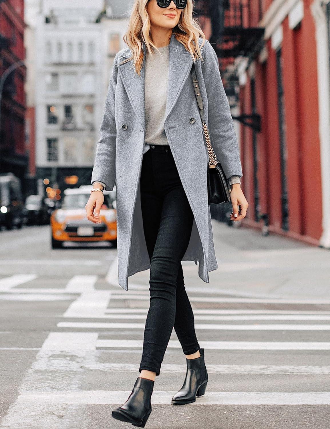 imageHooever Womens Winter Wool Coat Casual Notch Lapel SingleBreasted PeacoatLightgrey