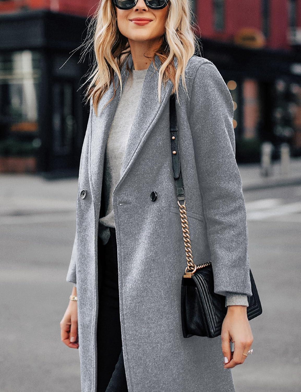 imageHooever Womens Winter Wool Coat Casual Notch Lapel SingleBreasted PeacoatLightgrey