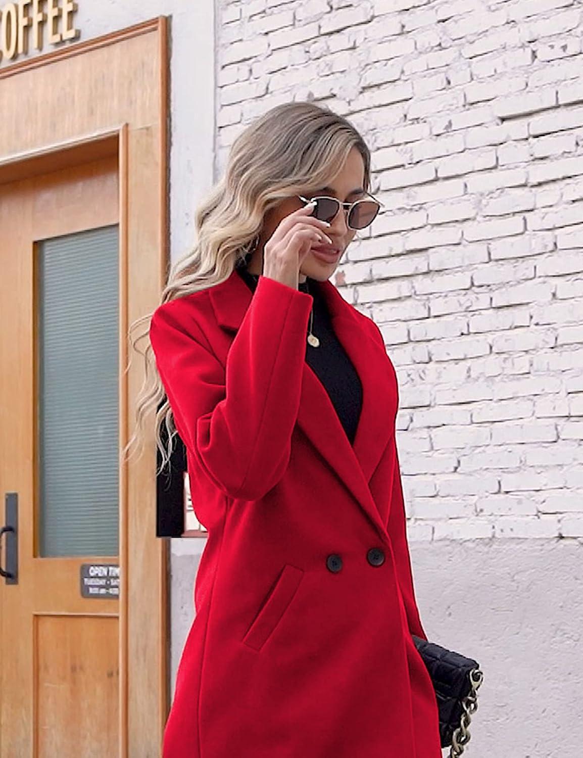 imageHooever Womens Winter Wool Coat Casual Notch Lapel SingleBreasted PeacoatRed