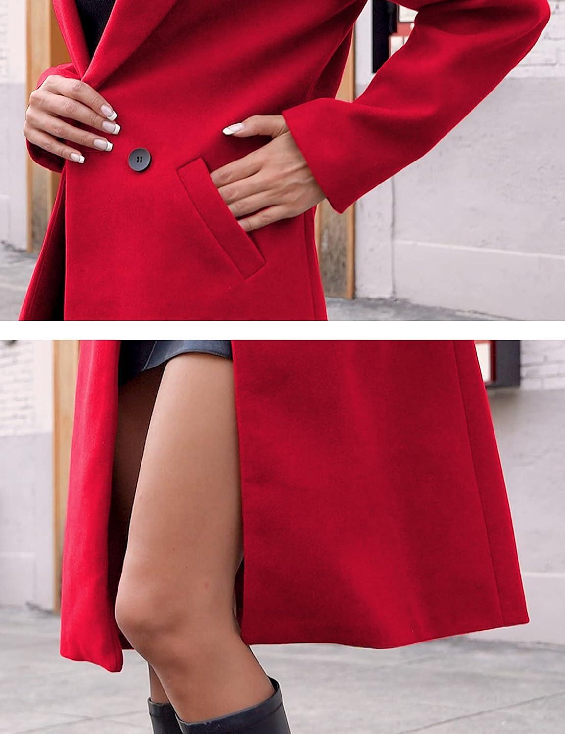 imageHooever Womens Winter Wool Coat Casual Notch Lapel SingleBreasted PeacoatRed