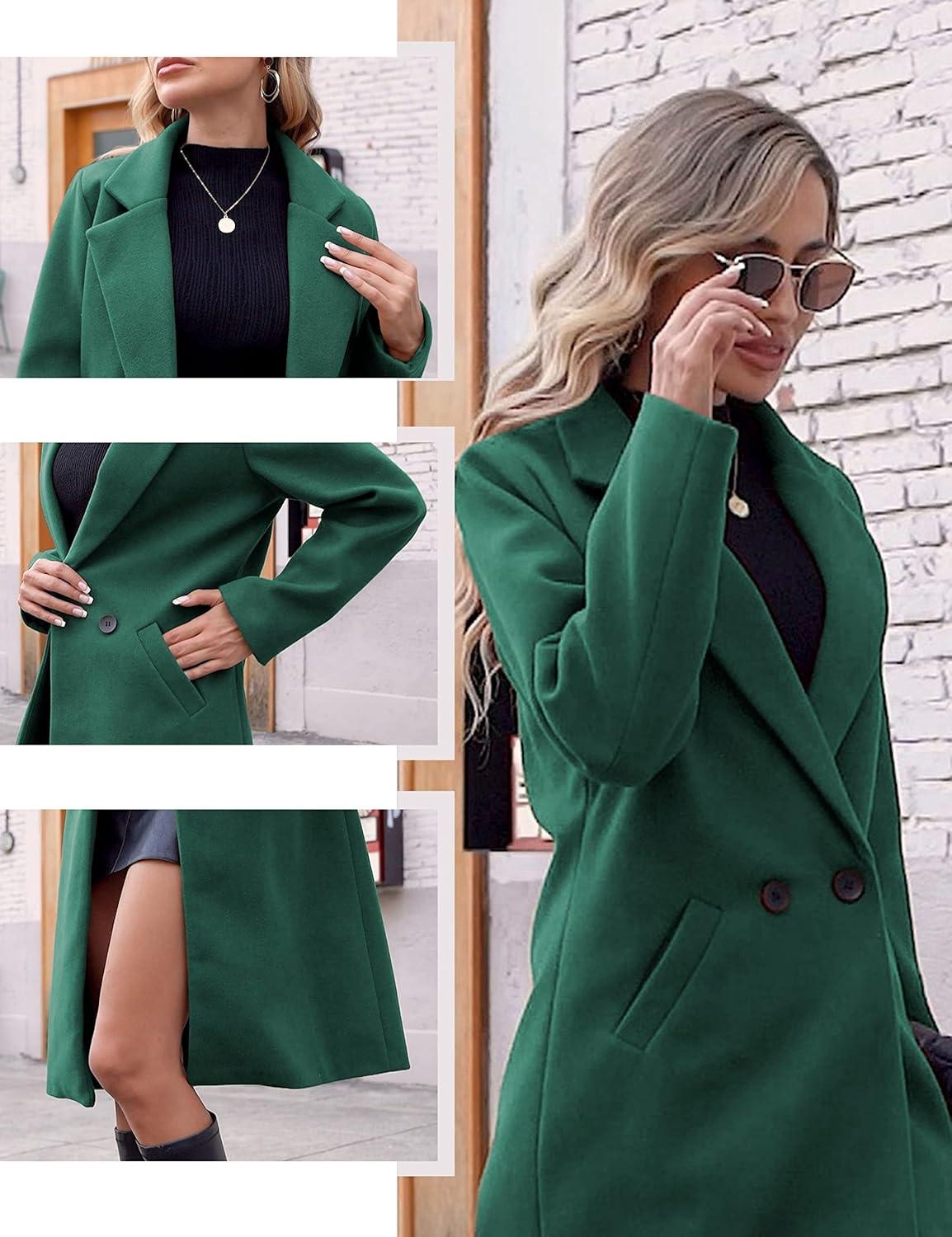 imageHooever Womens Winter Wool Coat Casual Notch Lapel SingleBreasted PeacoatTeal