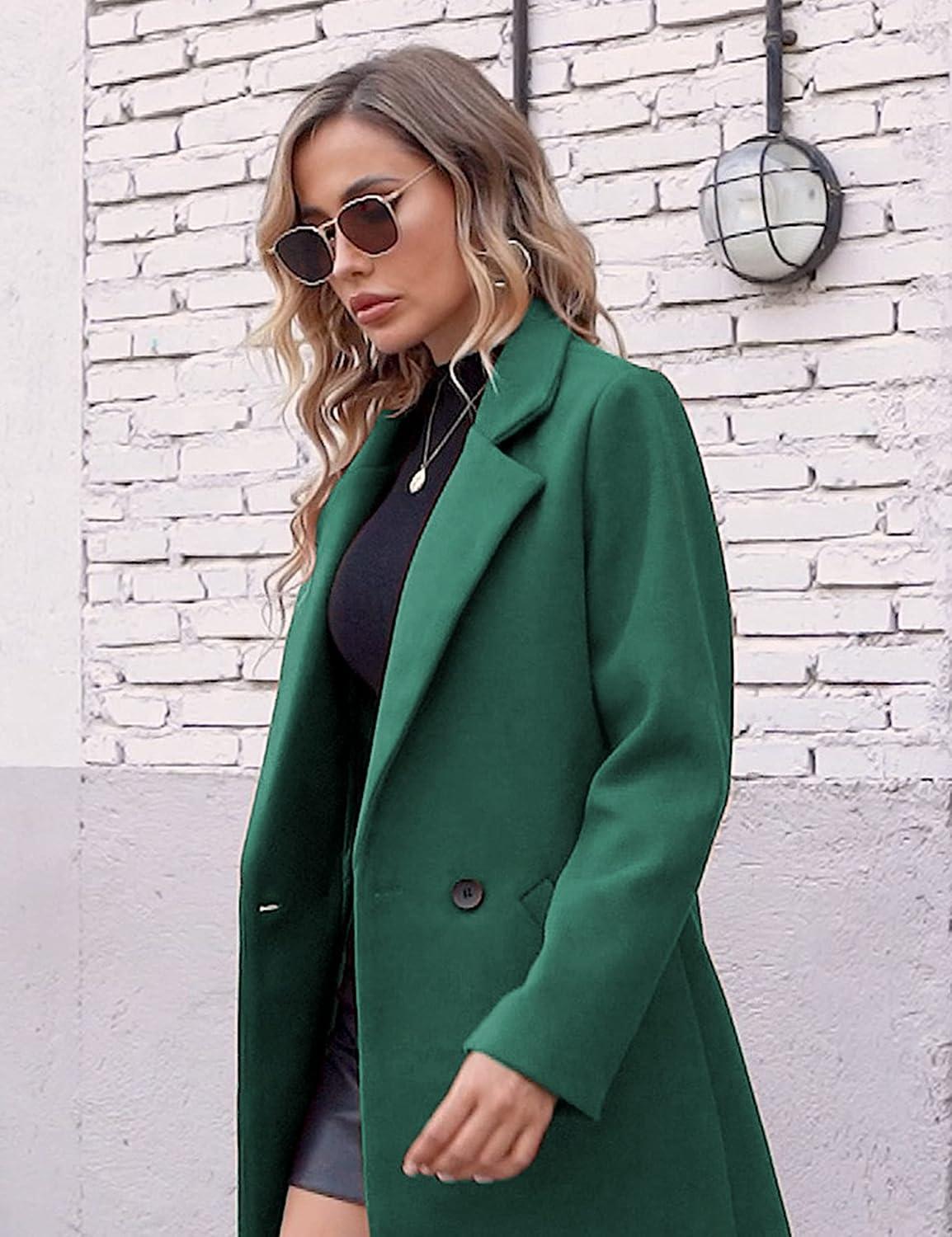imageHooever Womens Winter Wool Coat Casual Notch Lapel SingleBreasted PeacoatTeal