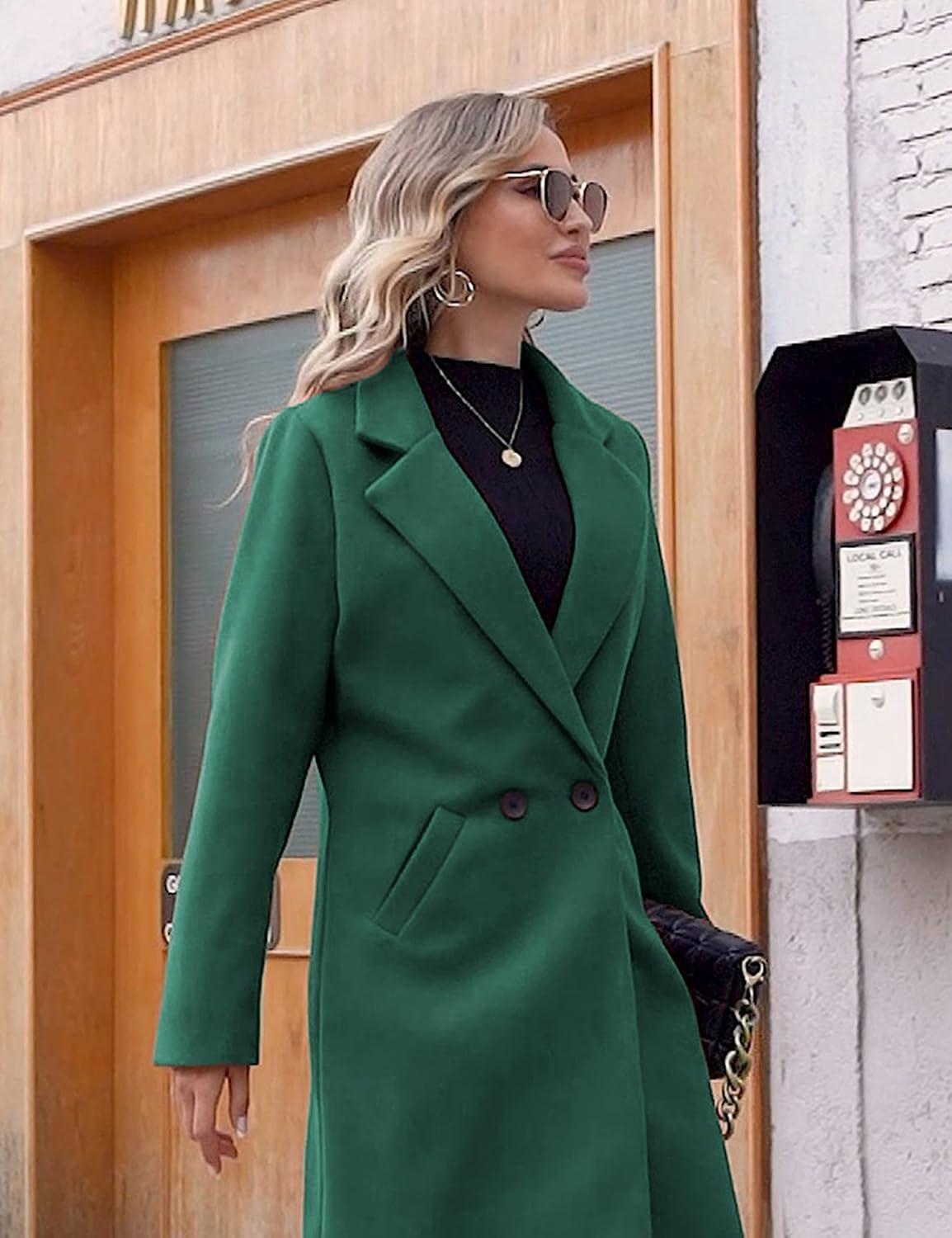 imageHooever Womens Winter Wool Coat Casual Notch Lapel SingleBreasted PeacoatTeal