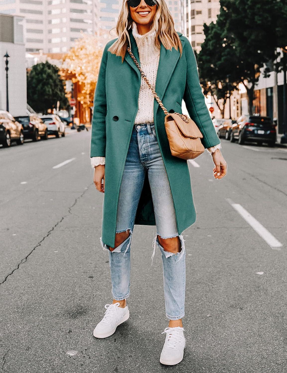 imageHooever Womens Winter Wool Coat Casual Notch Lapel SingleBreasted PeacoatTeal