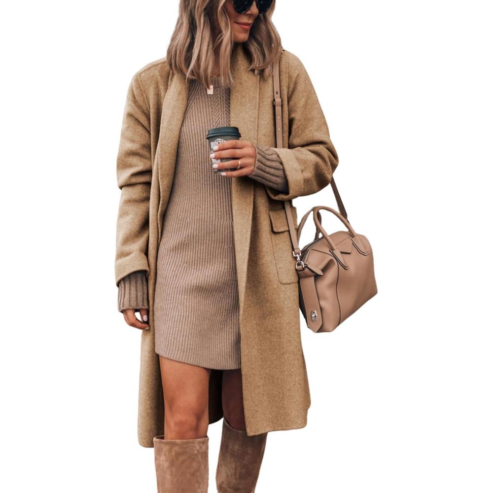 imageHooever Womens Long Cardigan Wool Coat Open Front Pockets Warm Lapel Jacket Coat Fall OuterwearKhaki