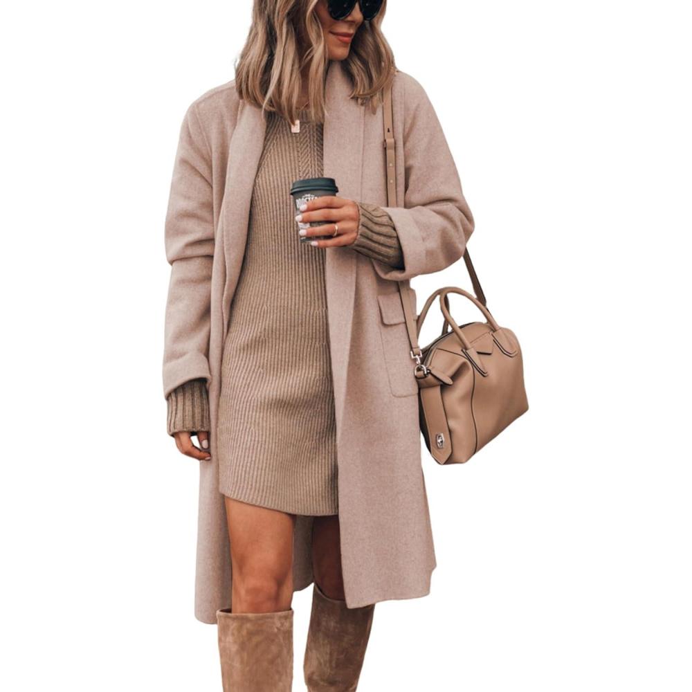 imageHooever Womens Long Cardigan Wool Coat Open Front Pockets Warm Lapel Jacket Coat Fall OuterwearPink