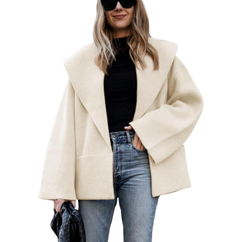 imageHooever Womens Shawl Collar Sweater Oversized Cardigan Open Front Fall Winter Cropped Knit SweaterBeige