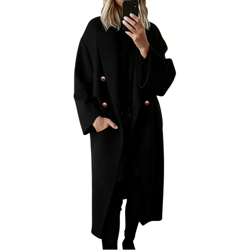 imageHooever Womens Winter Double Breasted Wool Coat Drop Shoulder Long Sleeve Notch Lapel Long Trench CoatBlack