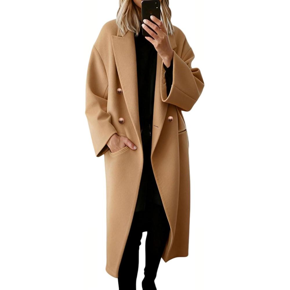 imageHooever Womens Winter Double Breasted Wool Coat Drop Shoulder Long Sleeve Notch Lapel Long Trench CoatKhaki