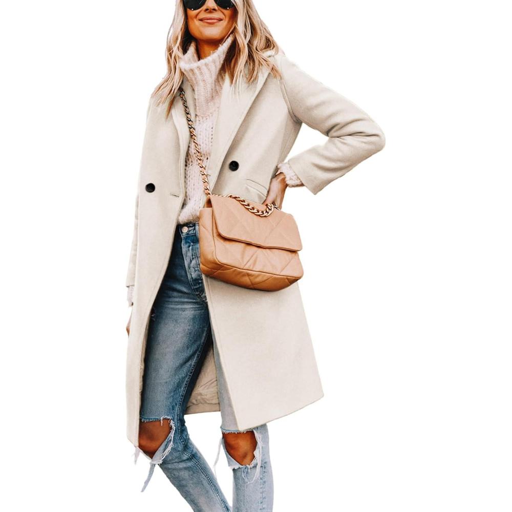 imageHooever Womens Winter Wool Coat Casual Notch Lapel SingleBreasted PeacoatBeige