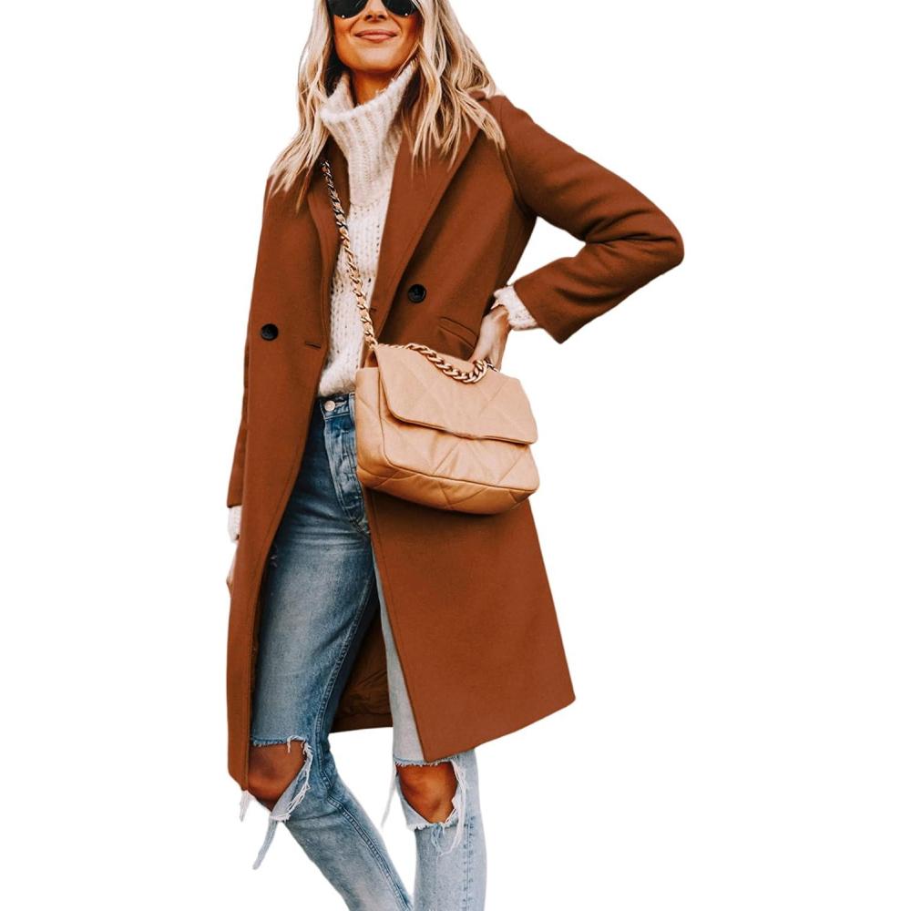 imageHooever Womens Winter Wool Coat Casual Notch Lapel SingleBreasted PeacoatCaramel