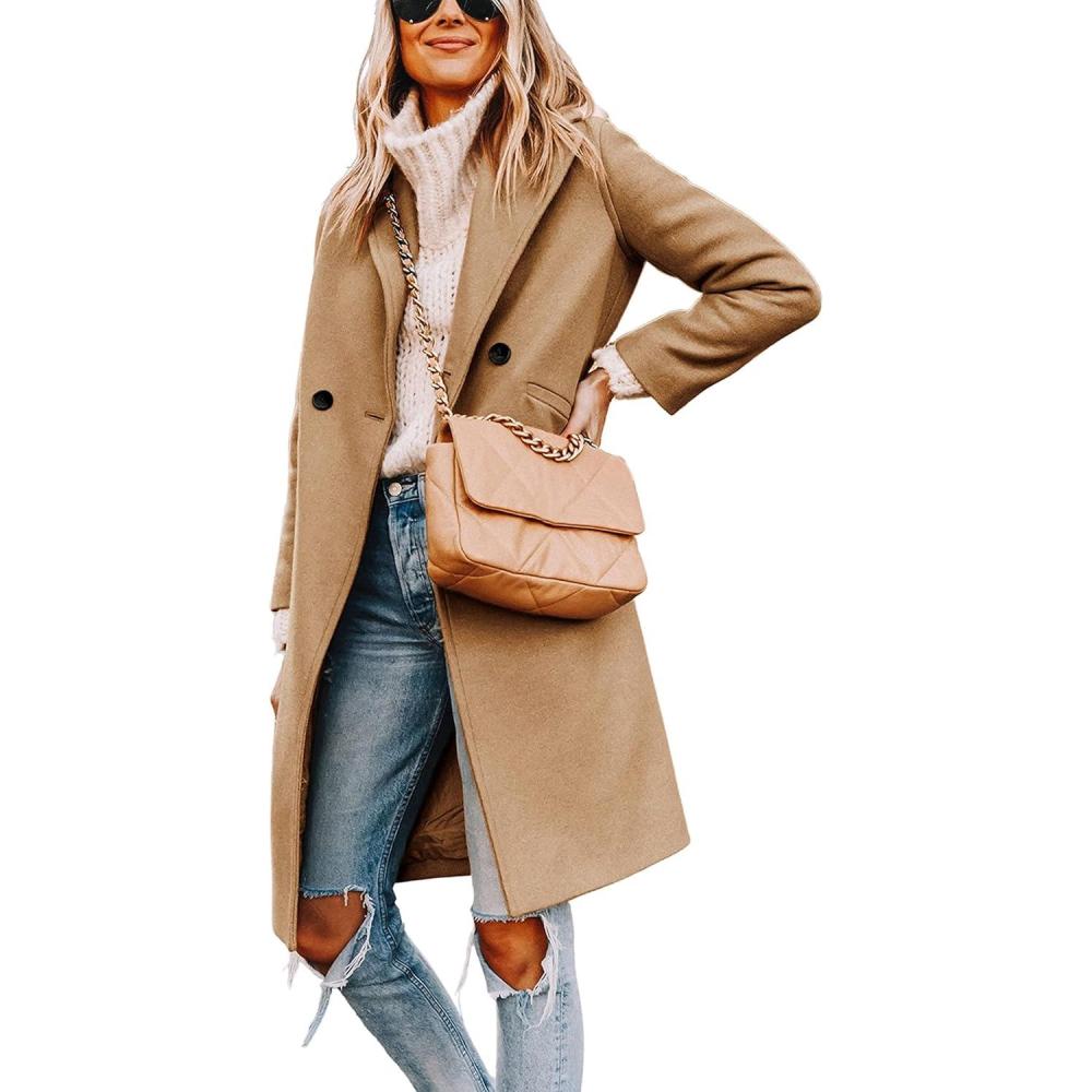imageHooever Womens Winter Wool Coat Casual Notch Lapel SingleBreasted PeacoatKhaki