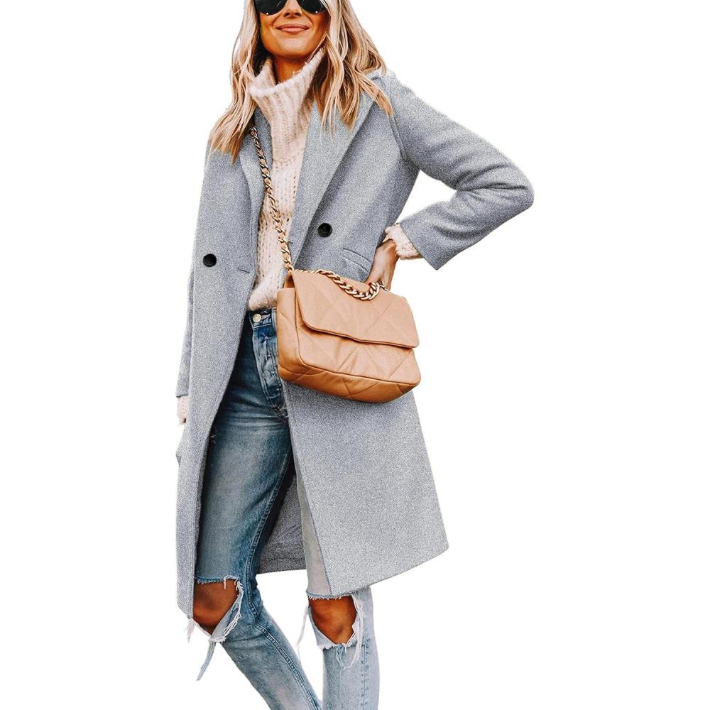imageHooever Womens Winter Wool Coat Casual Notch Lapel SingleBreasted PeacoatLightgrey