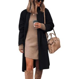 Hooever Women’s Long Cardigan Wool Coat Open Front Pockets Warm Lapel Jacket Coat Fall Outerwear(Black)