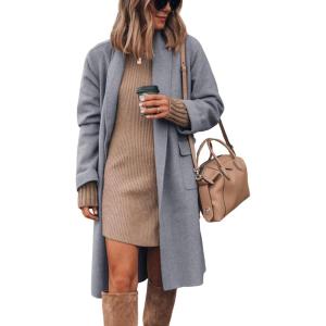 Hooever Women’s Long Cardigan Wool Coat Open Front Pockets Warm Lapel Jacket Coat Fall Outerwear(Greyblue)