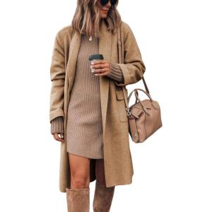 Hooever Women’s Long Cardigan Wool Coat Open Front Pockets Warm Lapel Jacket Coat Fall Outerwear(Khaki)