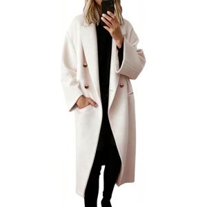 Hooever Women’s Winter Double Breasted Wool Coat Drop Shoulder Long Sleeve Notch Lapel Long Trench Coat(Apricot)