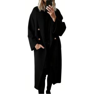 Hooever Women’s Winter Double Breasted Wool Coat Drop Shoulder Long Sleeve Notch Lapel Long Trench Coat(Black)
