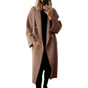 Hooever Women’s Winter Double Breasted Wool Coat Drop Shoulder Long Sleeve Notch Lapel Long Trench Coat(Camel)