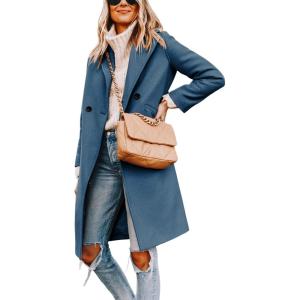 Hooever Women’s Winter Wool Coat Casual Notch Lapel Single-Breasted Peacoat(Blue)