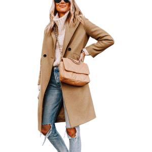 Hooever Women’s Winter Wool Coat Casual Notch Lapel Single-Breasted Peacoat(Khaki)