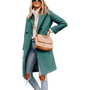 Hooever Women’s Winter Wool Coat Casual Notch Lapel Single-Breasted Peacoat(Teal)