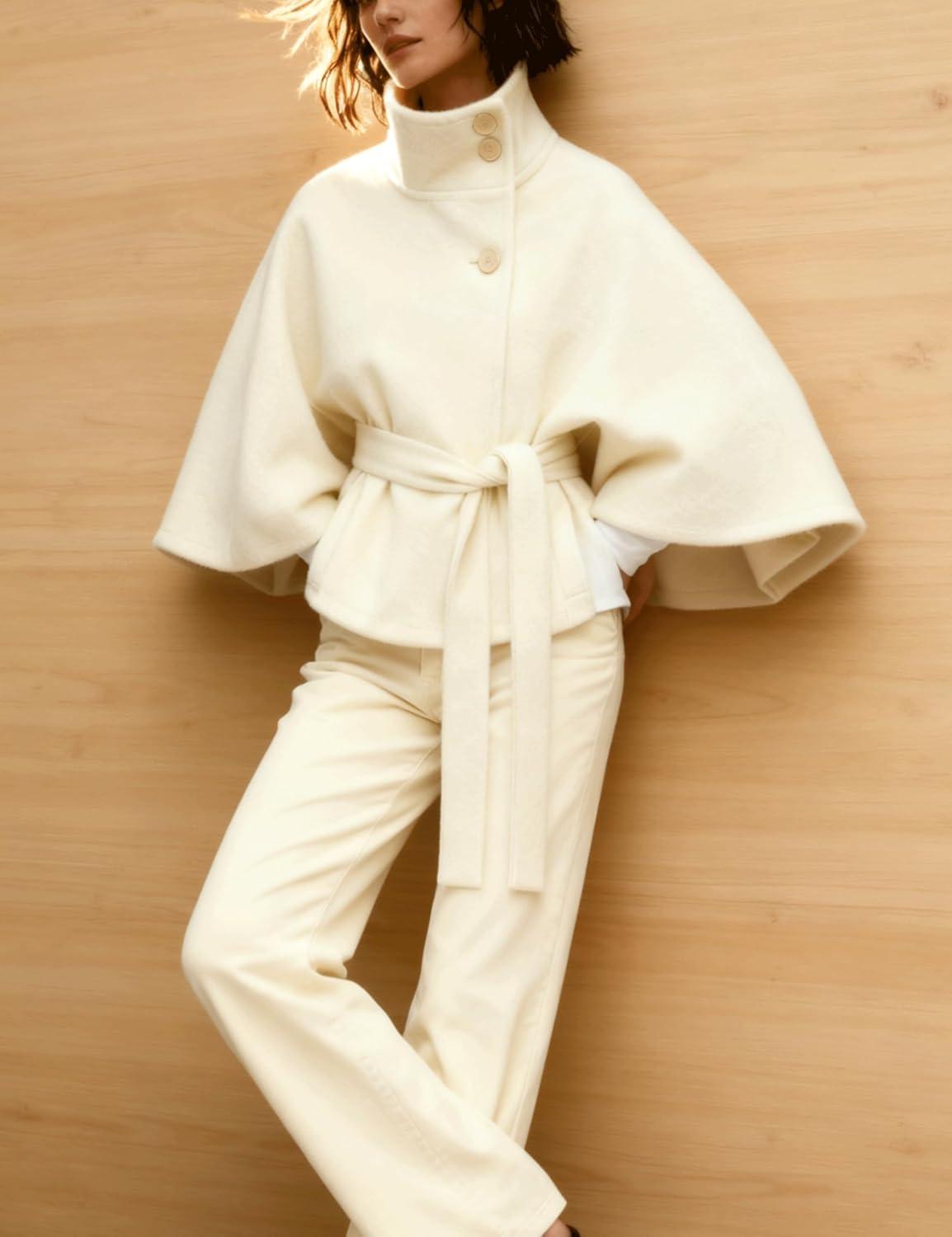 imageHooever Women Batwing Sleeve Ponchos Pea Coat Wool Bland Stand Collar Jacket Winter Cropped OvercoatBeige
