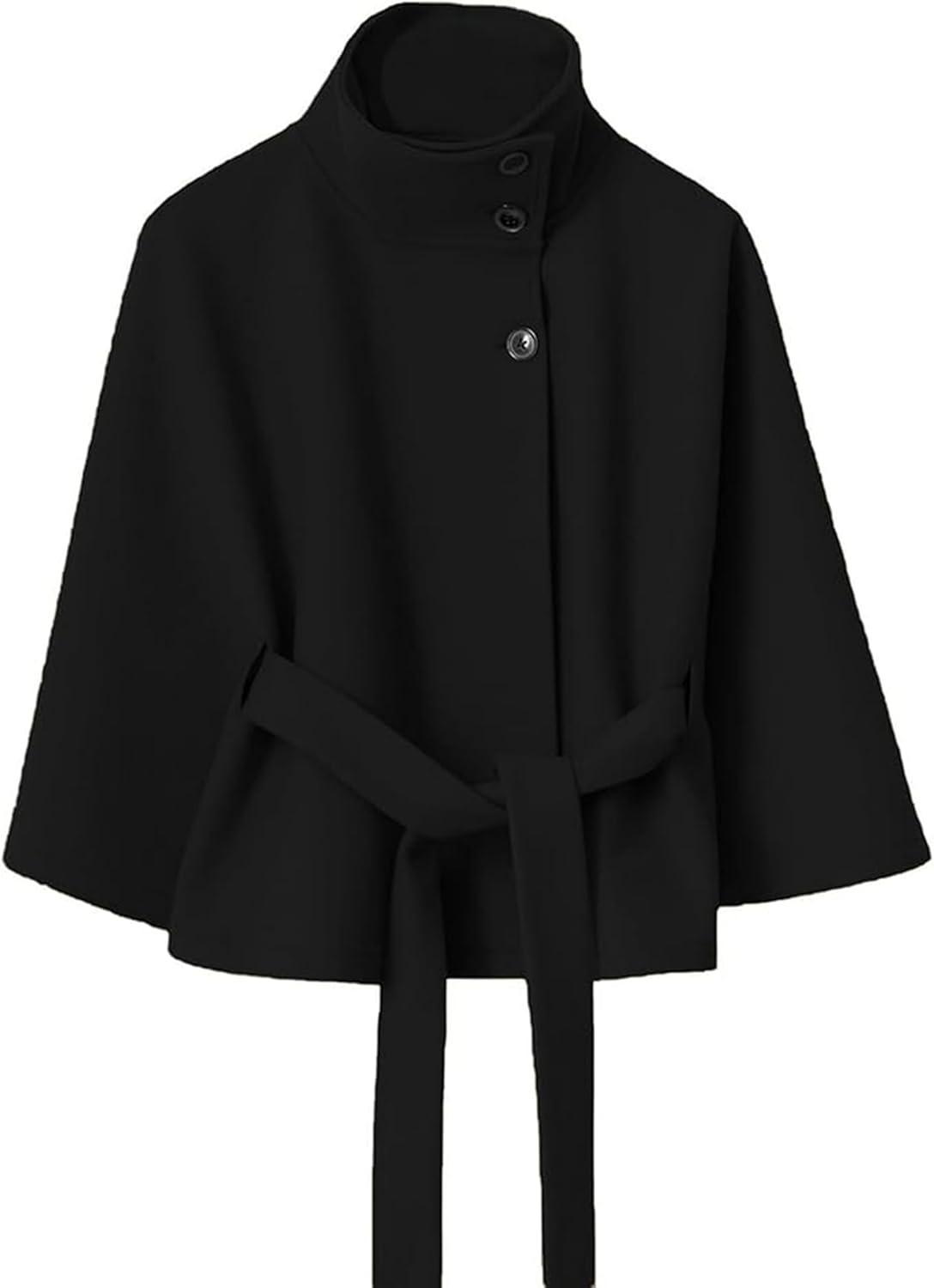imageHooever Women Batwing Sleeve Ponchos Pea Coat Wool Bland Stand Collar Jacket Winter Cropped OvercoatBlack