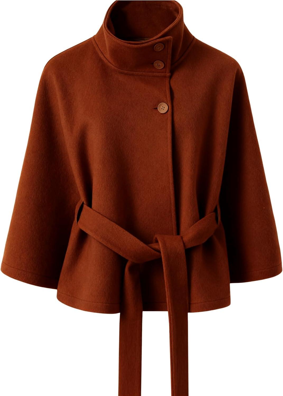imageHooever Women Batwing Sleeve Ponchos Pea Coat Wool Bland Stand Collar Jacket Winter Cropped OvercoatCaramel