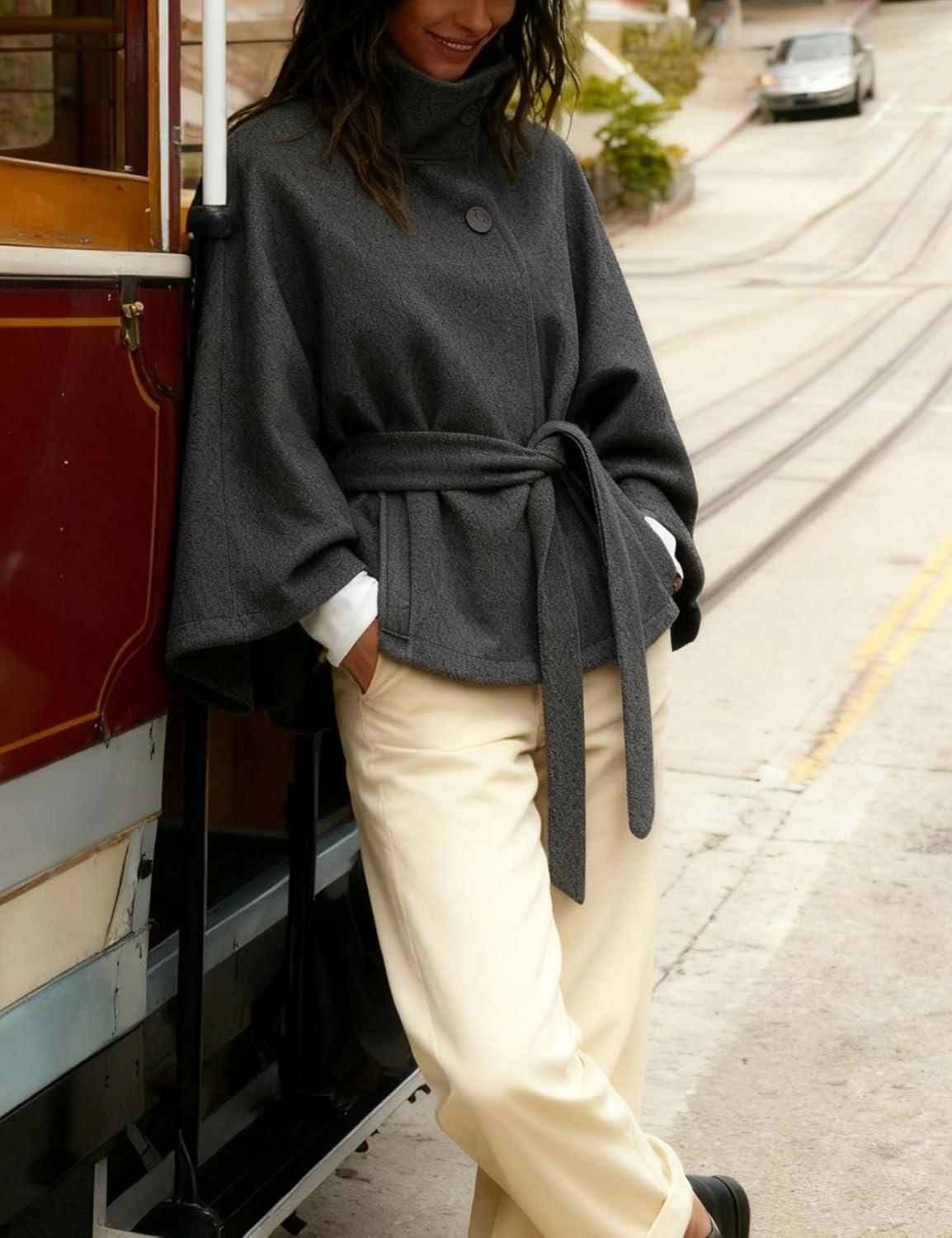 imageHooever Women Batwing Sleeve Ponchos Pea Coat Wool Bland Stand Collar Jacket Winter Cropped OvercoatDarkgrey