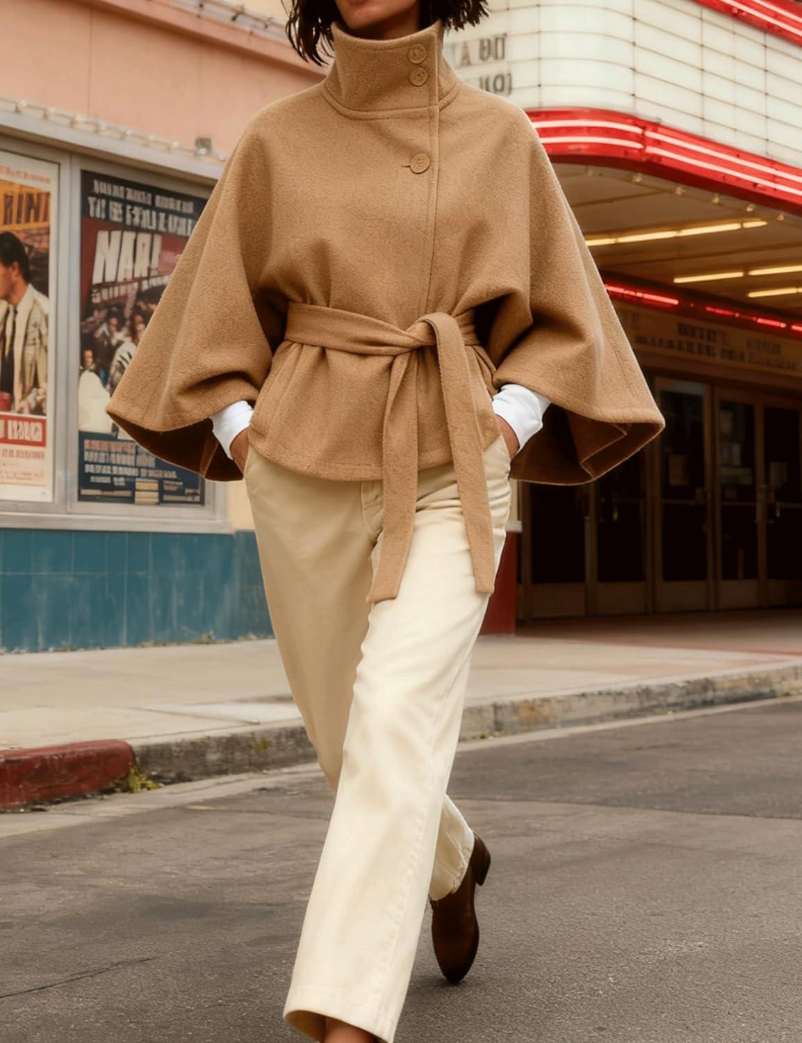imageHooever Women Batwing Sleeve Ponchos Pea Coat Wool Bland Stand Collar Jacket Winter Cropped OvercoatKhaki