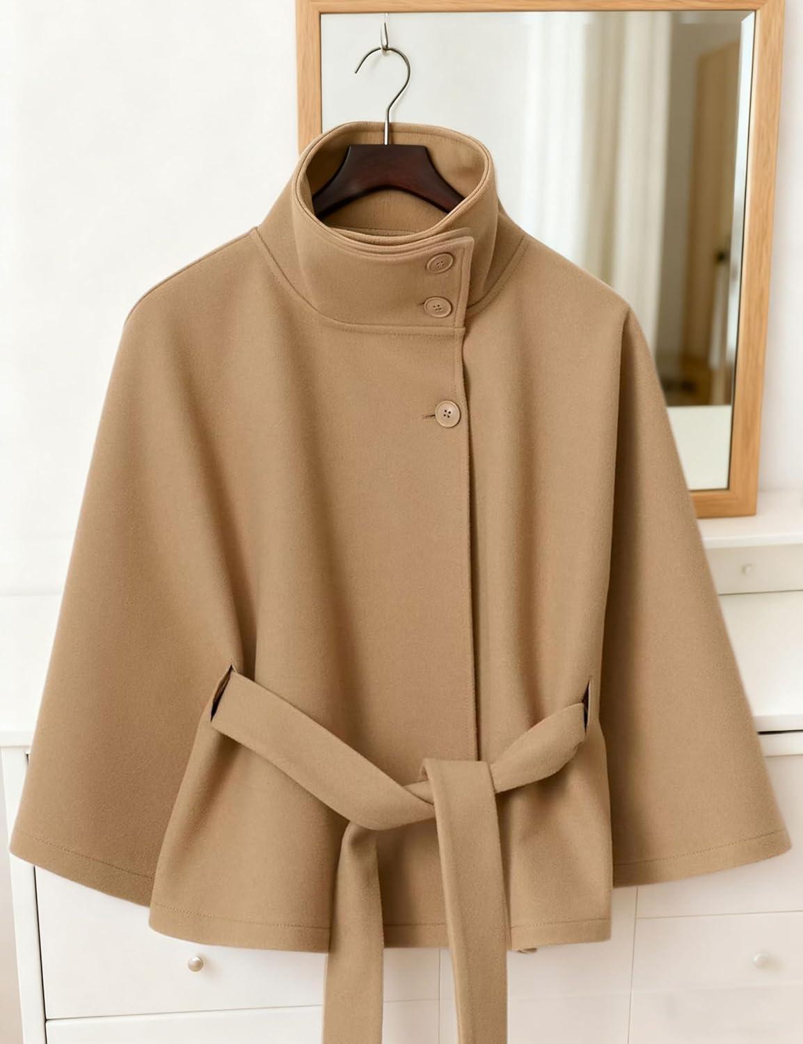 imageHooever Women Batwing Sleeve Ponchos Pea Coat Wool Bland Stand Collar Jacket Winter Cropped OvercoatKhaki