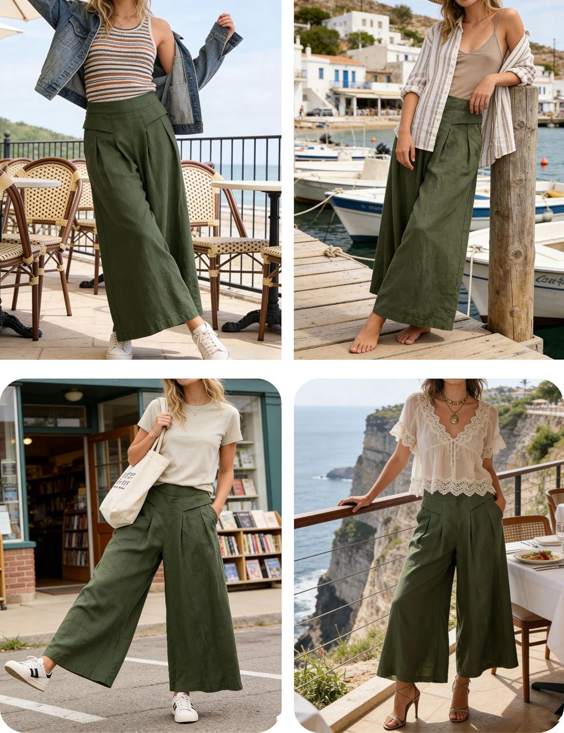 imageHooever Womens Cotton Linen Culottes Pants Elastic Waist Wide Leg Palazzo Trousers Capri PantArmygreen