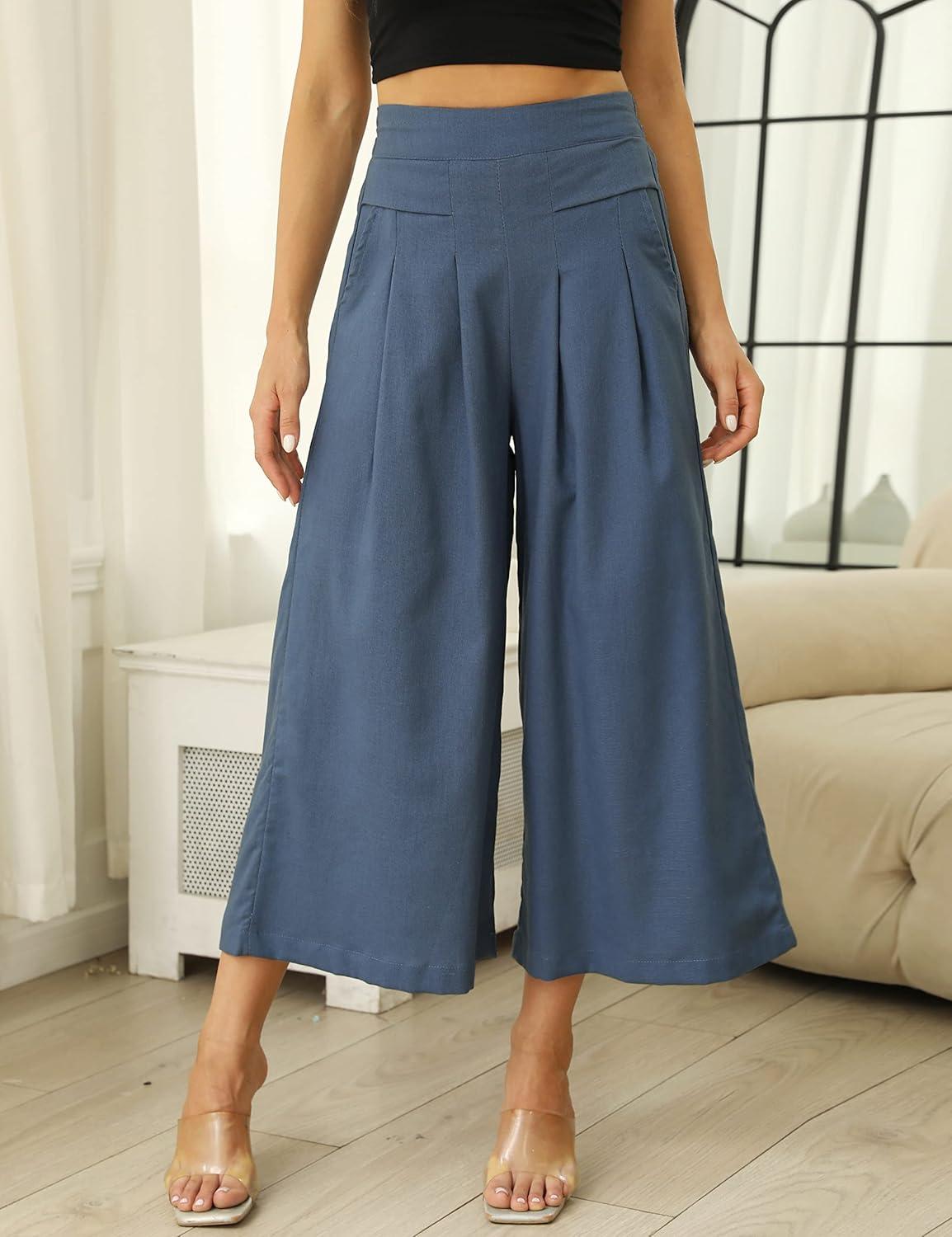 imageHooever Womens Cotton Linen Culottes Pants Elastic Waist Wide Leg Palazzo Trousers Capri PantBlue