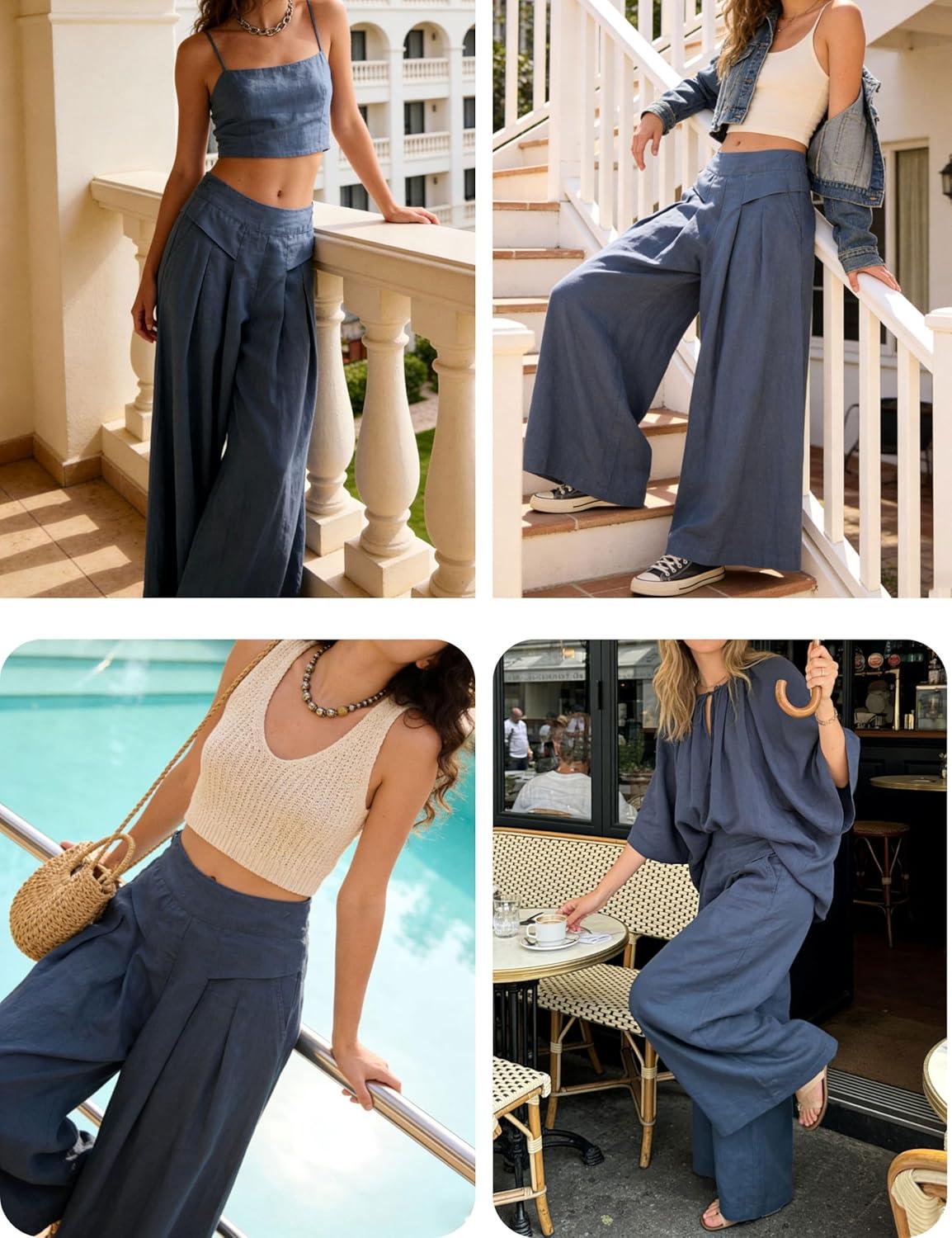 imageHooever Womens Cotton Linen Culottes Pants Elastic Waist Wide Leg Palazzo Trousers Capri PantBlue