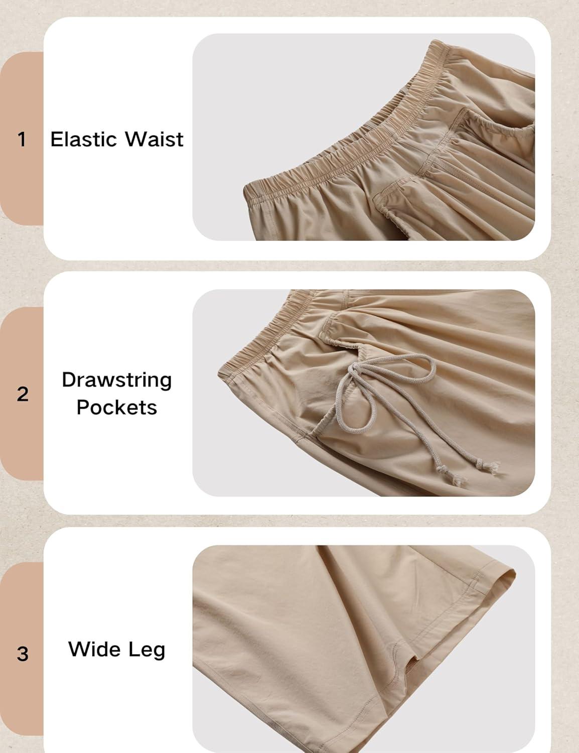 imageHooever Womens Loose Wide Leg Track Pants Drawstring Pockets Elastic Waist Capri Hiking PantsKhaki
