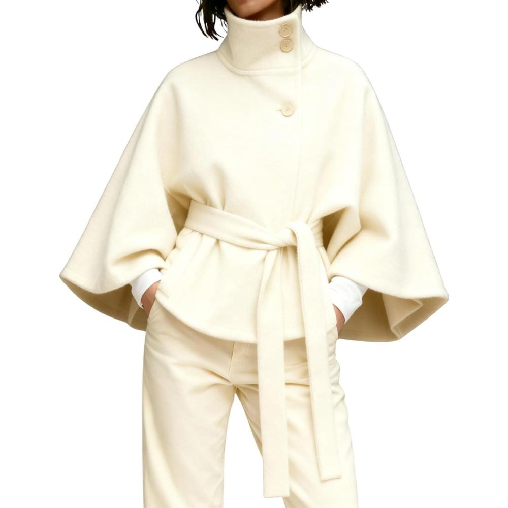imageHooever Women Batwing Sleeve Ponchos Pea Coat Wool Bland Stand Collar Jacket Winter Cropped OvercoatBeige