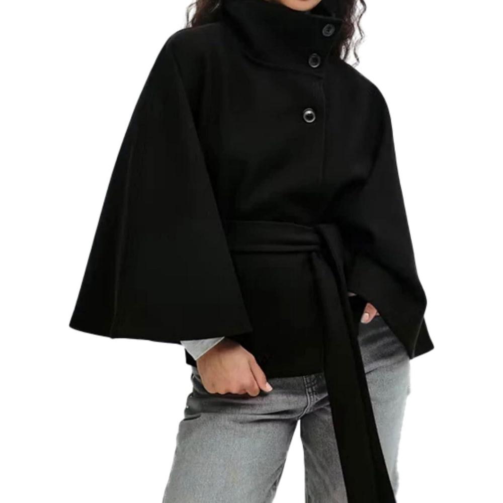 imageHooever Women Batwing Sleeve Ponchos Pea Coat Wool Bland Stand Collar Jacket Winter Cropped OvercoatBlack