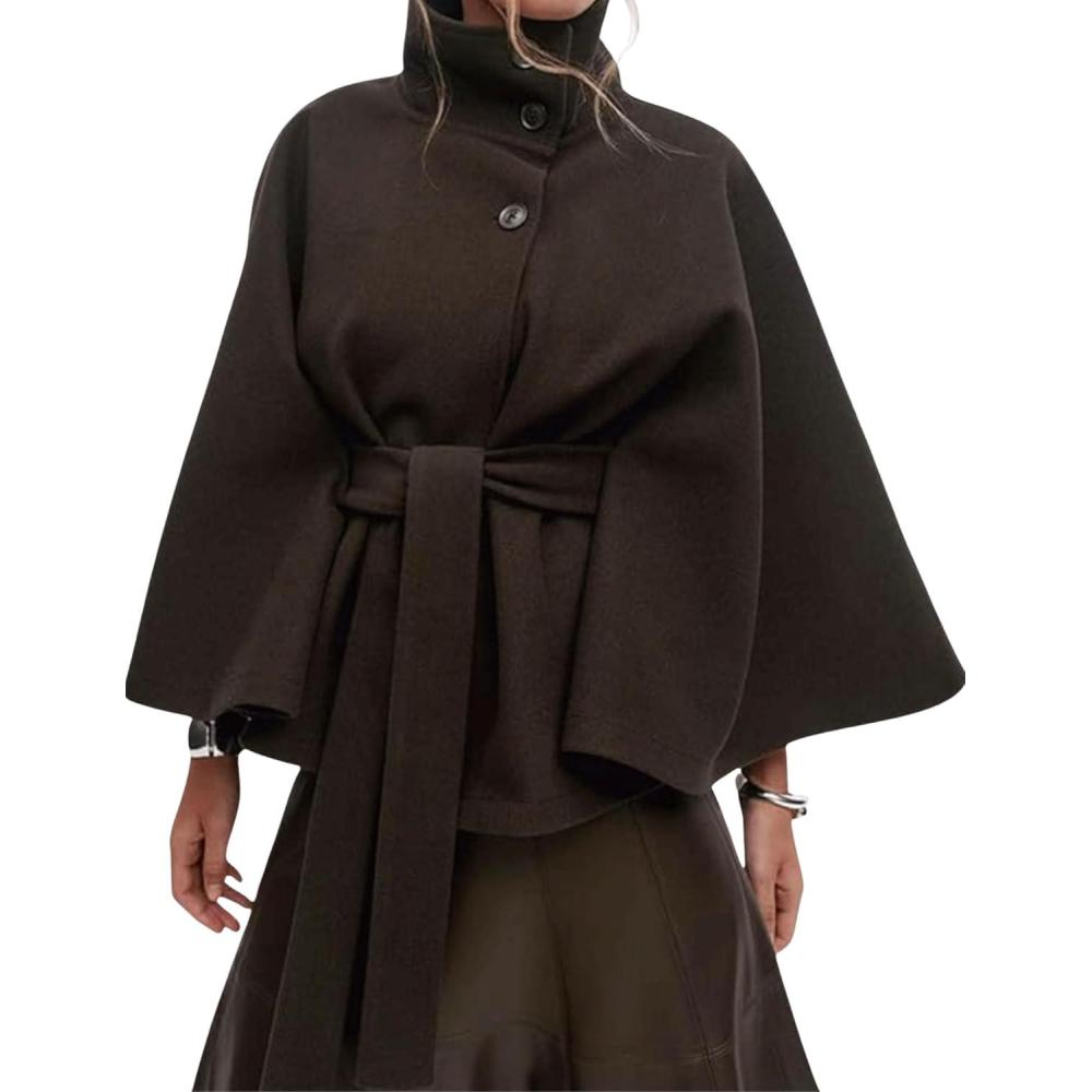 imageHooever Women Batwing Sleeve Ponchos Pea Coat Wool Bland Stand Collar Jacket Winter Cropped OvercoatBrown