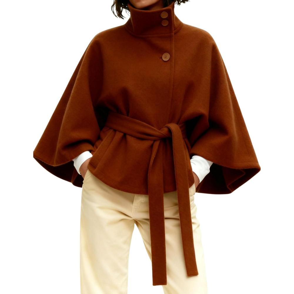 imageHooever Women Batwing Sleeve Ponchos Pea Coat Wool Bland Stand Collar Jacket Winter Cropped OvercoatCaramel