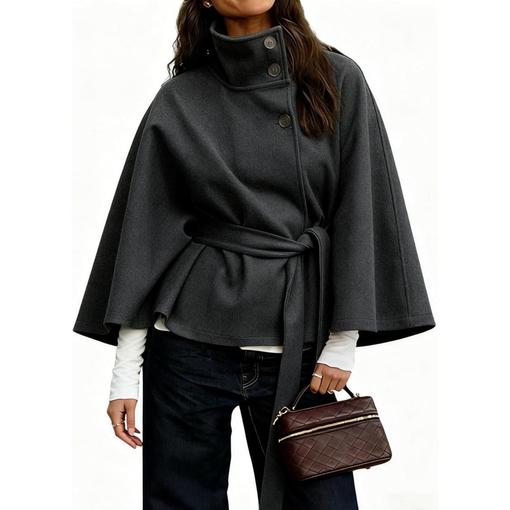 imageHooever Women Batwing Sleeve Ponchos Pea Coat Wool Bland Stand Collar Jacket Winter Cropped OvercoatDarkgrey