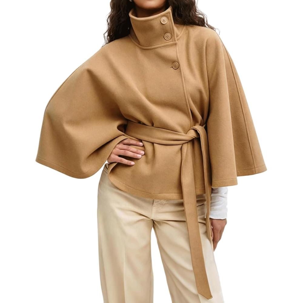 imageHooever Women Batwing Sleeve Ponchos Pea Coat Wool Bland Stand Collar Jacket Winter Cropped OvercoatKhaki