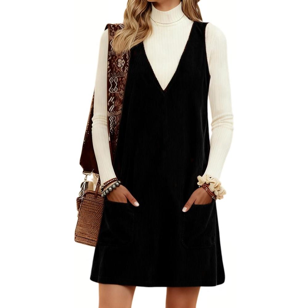 imageHooever Women Corduroy Overall Dress V Neck A Line Skirtall Jumper Mini Dress Pinafore with PocketsBlack