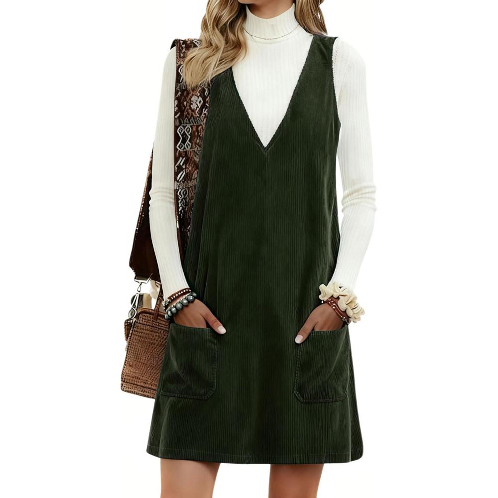 imageHooever Women Corduroy Overall Dress V Neck A Line Skirtall Jumper Mini Dress Pinafore with PocketsGreen