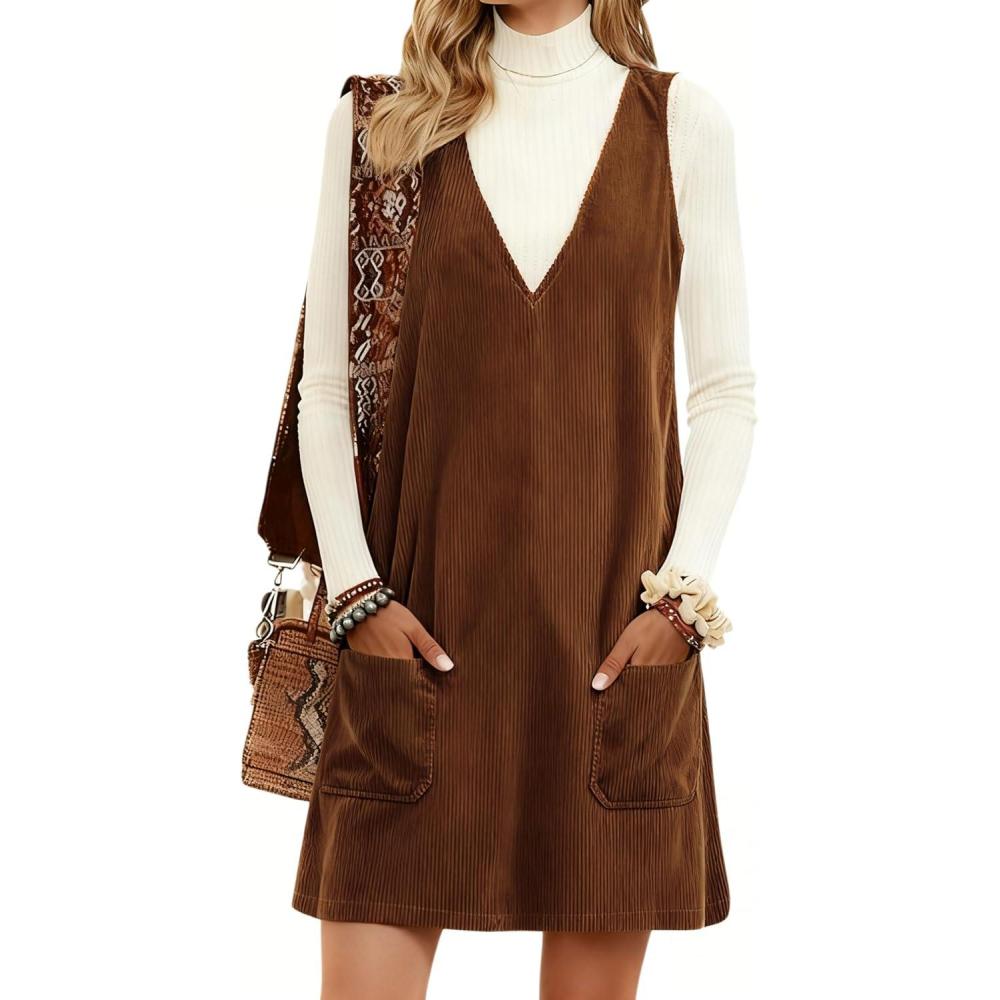 imageHooever Women Corduroy Overall Dress V Neck A Line Skirtall Jumper Mini Dress Pinafore with PocketsKhaki