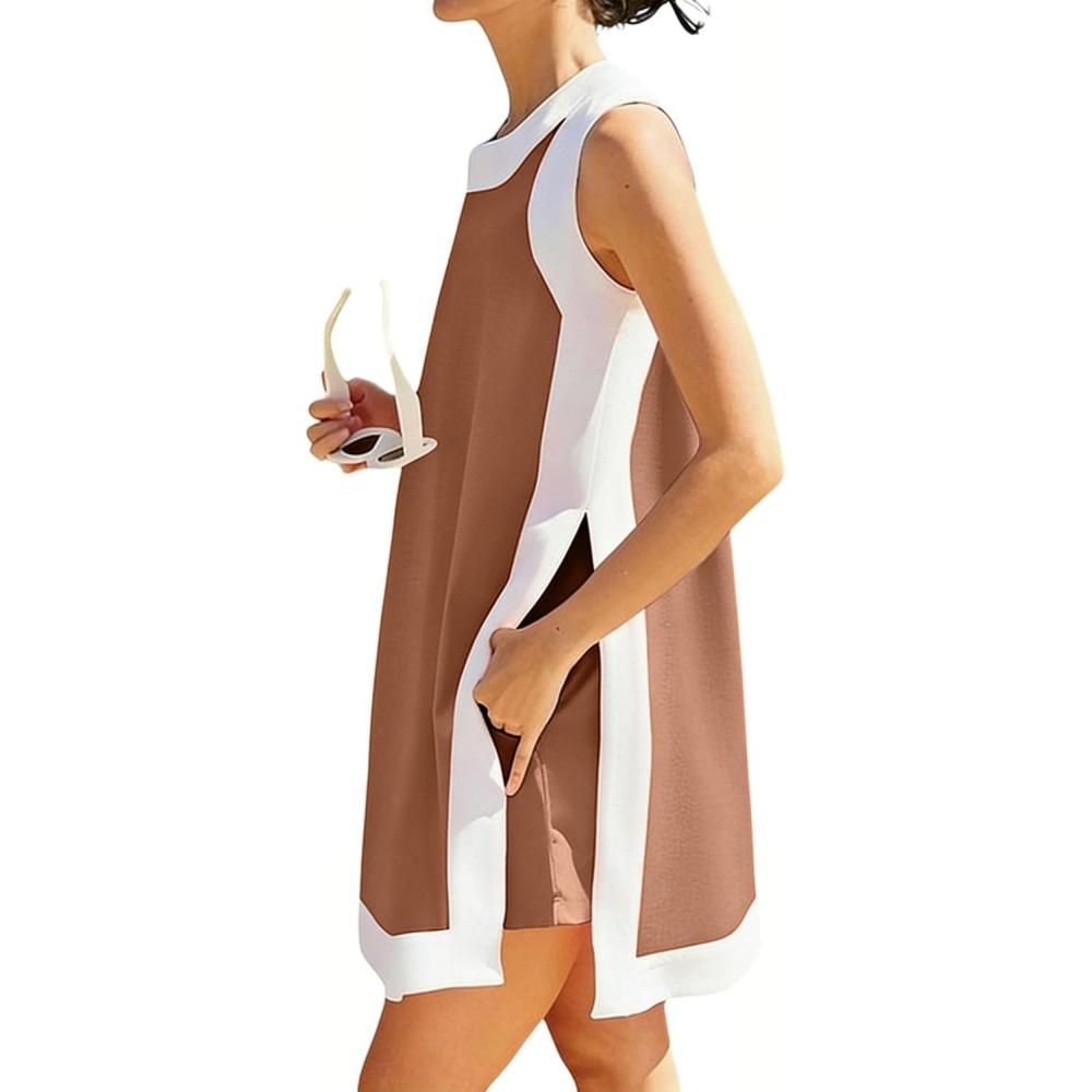 imageHooever Womens 2 Piece Sets Casual Color Block Crewneck Short Sleeve Pullover Tops Matching Shorts with PocketsDarkkhaki