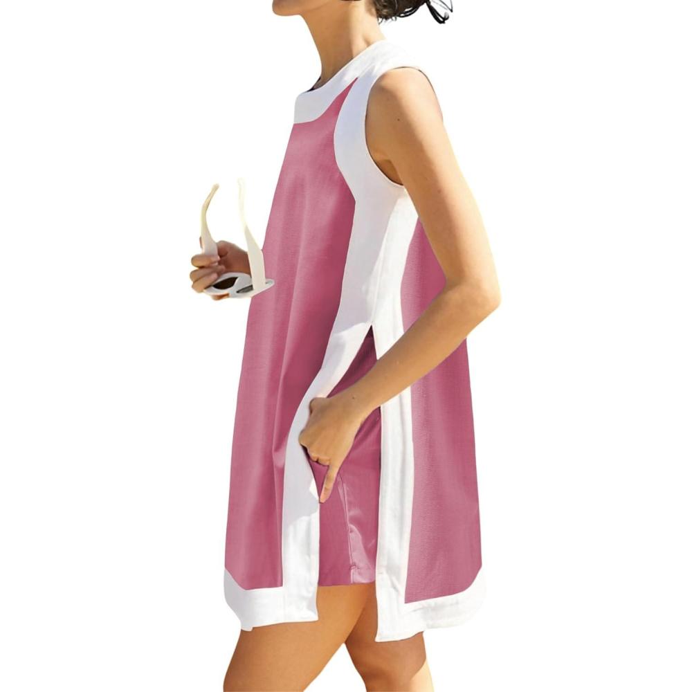 imageHooever Womens 2 Piece Sets Casual Color Block Crewneck Short Sleeve Pullover Tops Matching Shorts with PocketsRosered